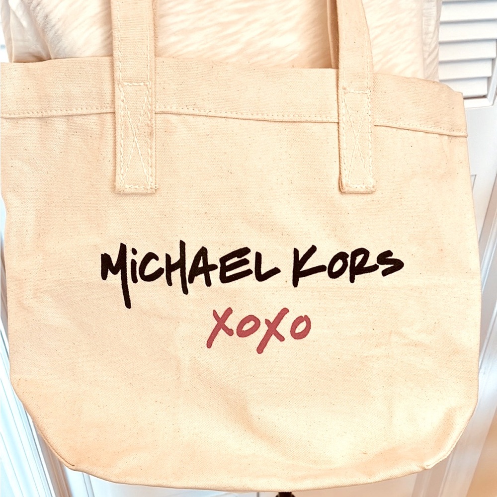 Michael Kors Cream Canvas Tote with Black Logo and Pink Accent